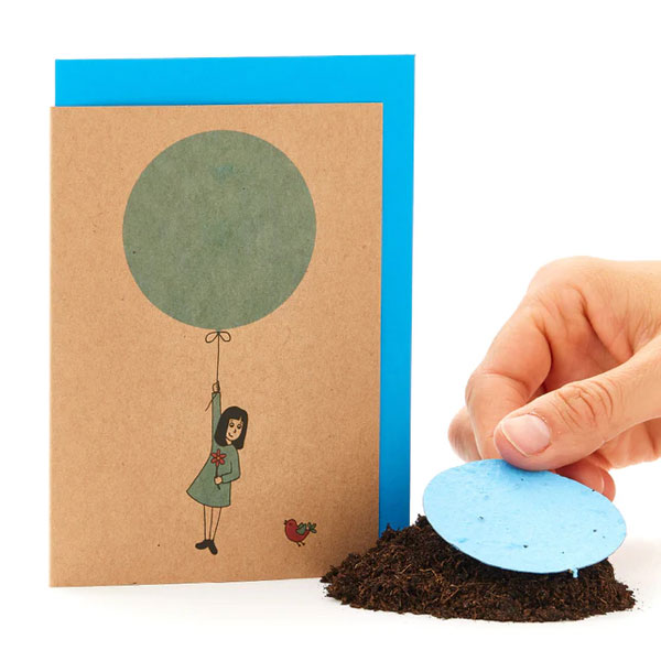 Saatpapier-Grußkarte "Ballonflug" mit Saatstecker und Umschlag