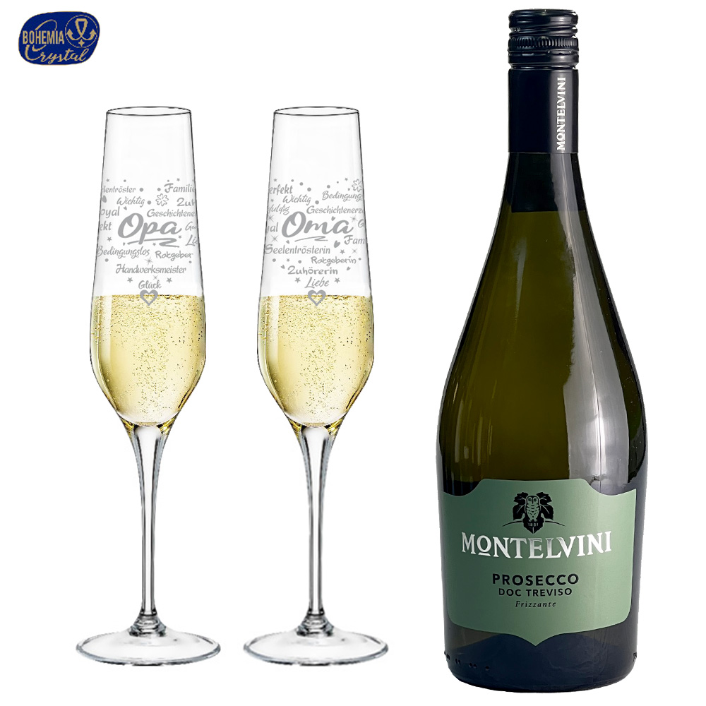Prosecco Geschenkset mit gravierten Sektgläsern "Oma" & "Opa"