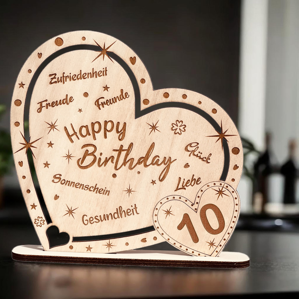 Kunstvoll graviertes Holz-Herz "Happy Birthday" mit Zahl 10, Geschenk & Deko zum Geburtstag