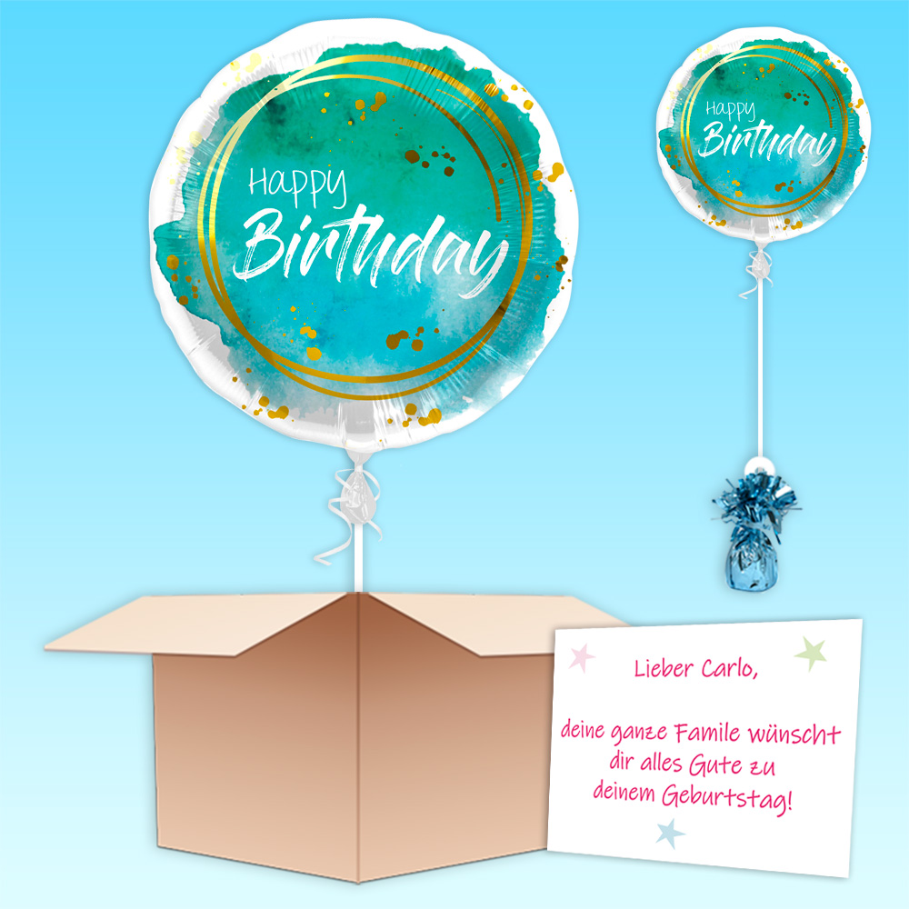 Ballongruß "Happy Birthday " Wasserfarben-Design, Folienballon im Karton