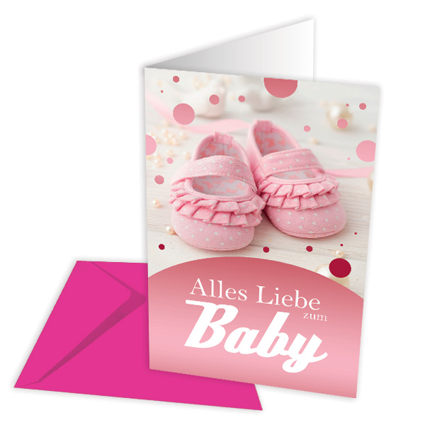 Glückwunschkarte zur Geburt, Schuhmotiv Punkte, Baby rosa, "Alles Liebe zum Baby", 1 Stk.