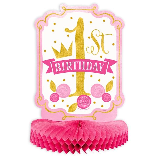 Honigwaben Tischdeko "1st Birthday" in pink & gold, 35cm x 23cm