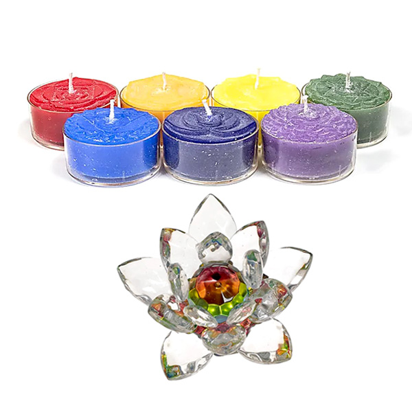 Kristalllotus mit 7 Chakra Duft-Teelichtern
