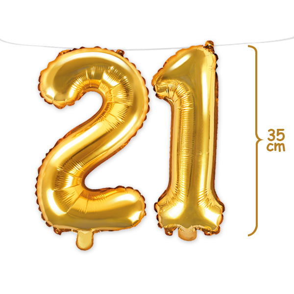 21. Geburtstag, Zahlenballon Set 2 & 1 in gold, 35cm hoch