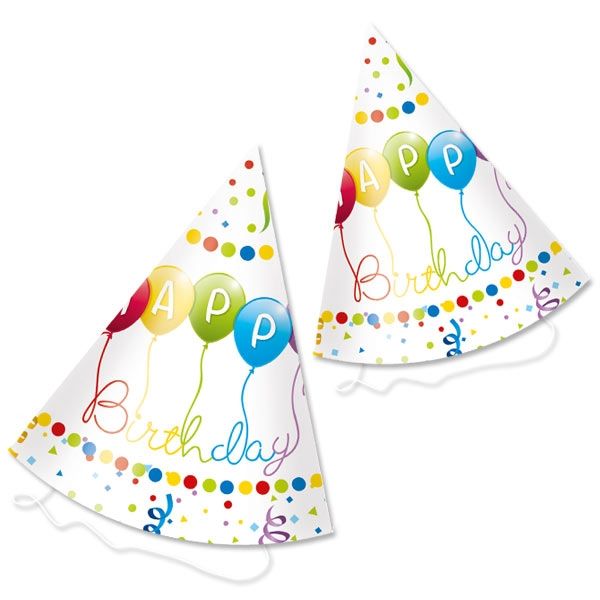 "Happy Birthday Luftschlangen" Partyhüte 6er Pckm 16cm
