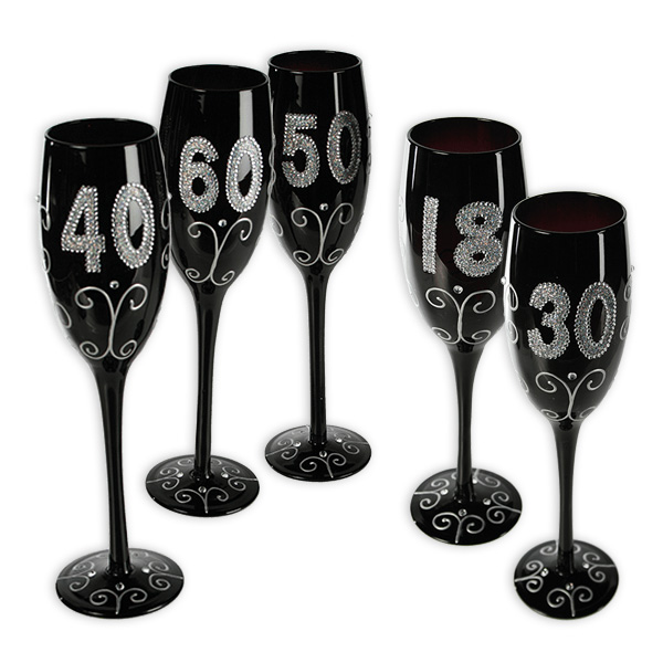 Schwarzes Sektglas mit Glitterbeschriftung, verschiedene Zahlen