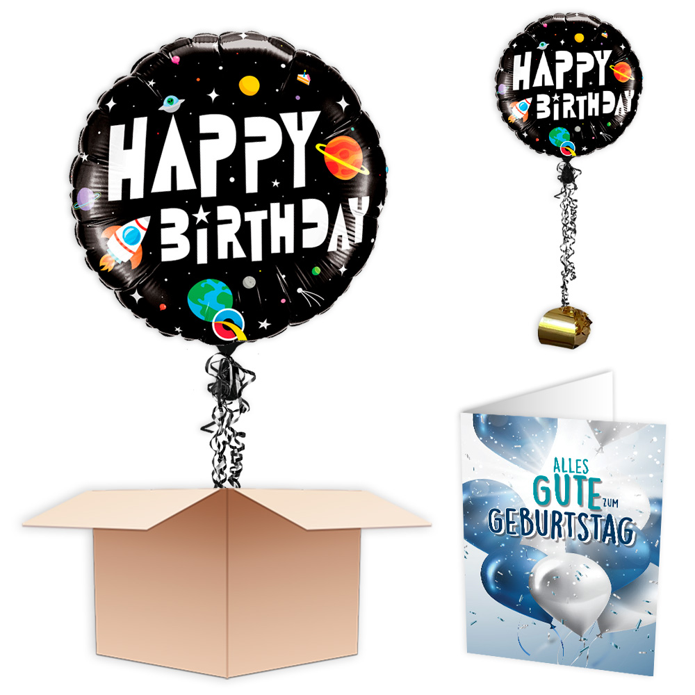 Ballongruß "Happy Birthday Weltall", Folienballon im Karton