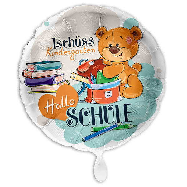 "Tschüss Kindergarten, Hallo Schule", Folienballon mit Teddy-Motiv, Ø 34cm