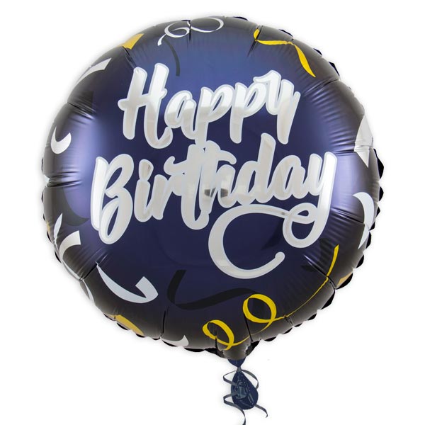 Happy Birthday Ballongruß in dunkelblau mit spiegelnder Schrift, Ø 35cm