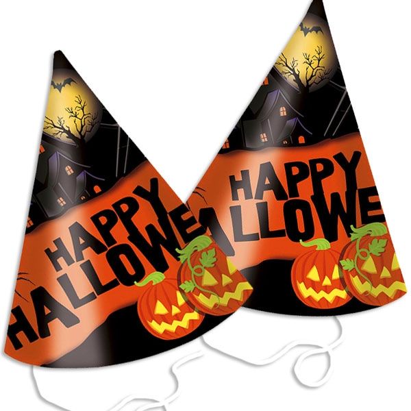 Halloween Partyhütchen mit Kürbissen, 6er Pck, +Gummi, 16 × 10 cm