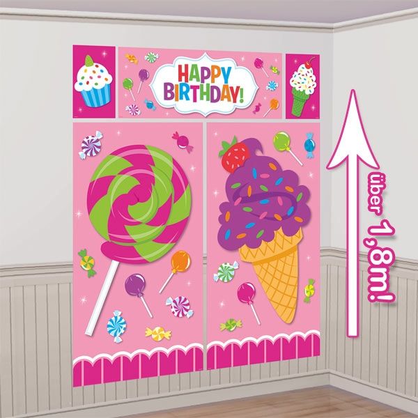 Candyshop Wanddeko XXL, Folie-Poster mit Lutscher und Eistüte 1,8 m
