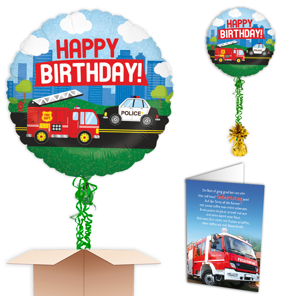 Ballongruß Feuerwehr & Polizei, Happy Birthday, Überraschung im Karton
