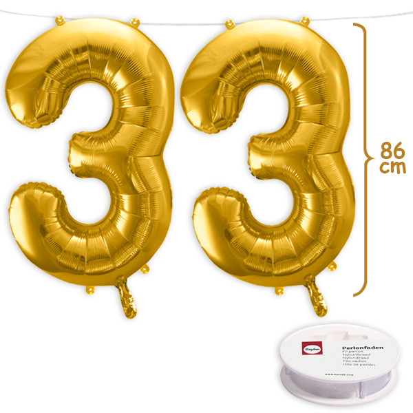 33. Geburtstag, XXL Zahlenballon Set 2 x 3 in gold, 86cm hoch