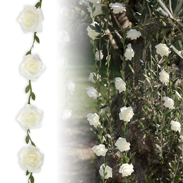Weiße Rosen-Girlande aus Kunststoff, 110cm lang