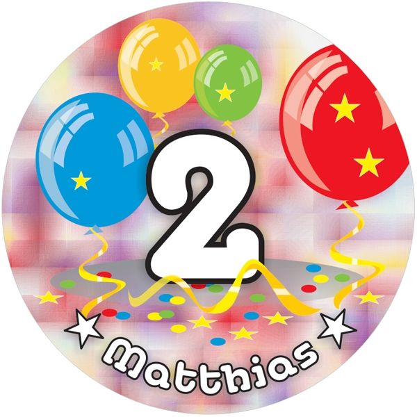 Ballon-Tortenaufleger 2. Geburtstag mit Name, Alter – rund, Z24