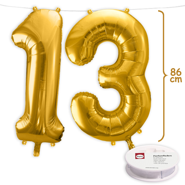 13. Geburtstag, XXL Zahlenballon Set 1 & 3 in gold, 86cm hoch