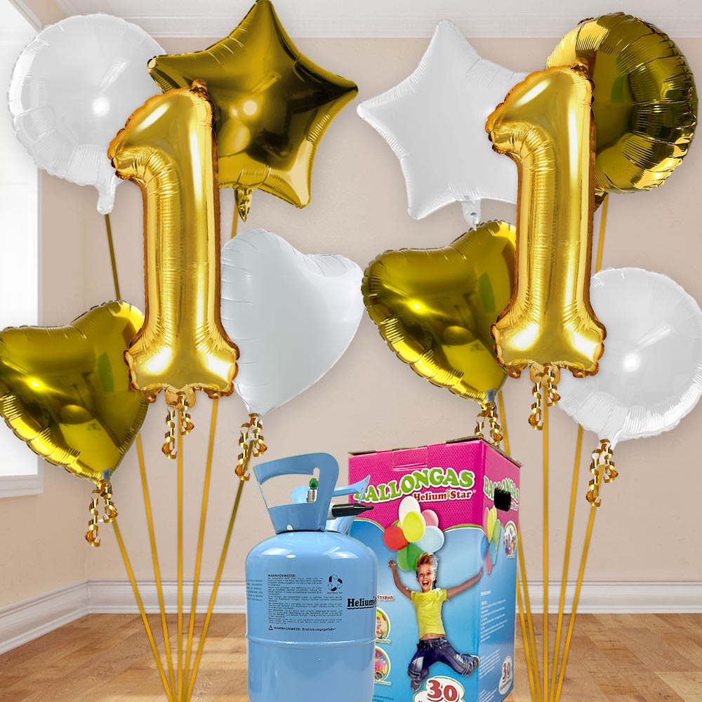 1. Geburtstag Heliumballon Set gold-weiß mit 10 Folienballons inkl. Heliumgas