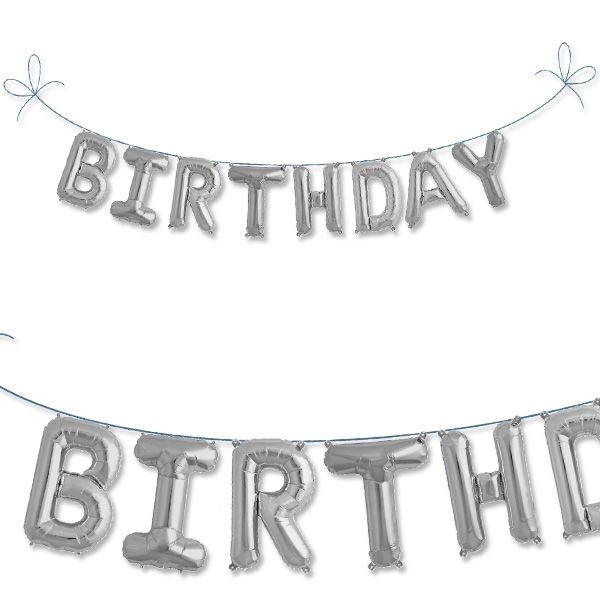 Mini Folieballon Set Birthday, silberne Buchstabenkette aus Folie, ca. 2m