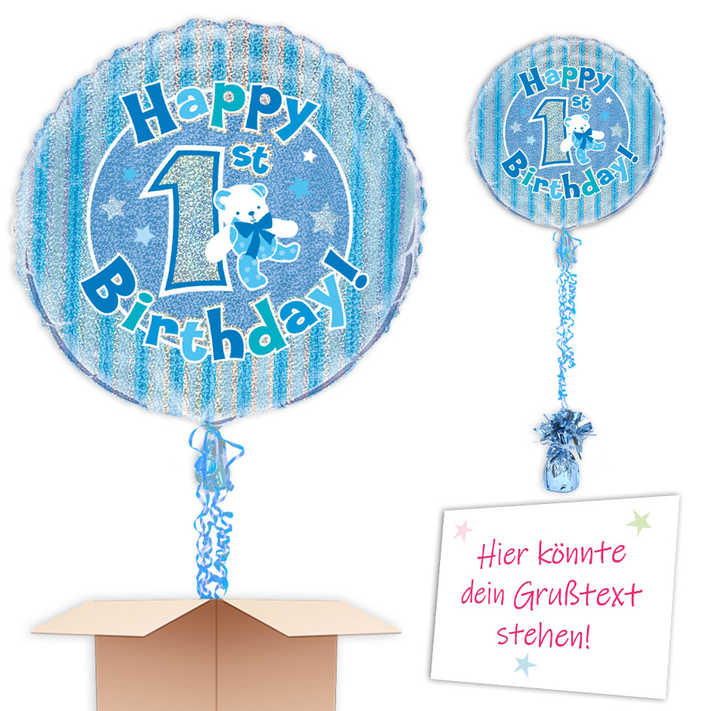Ballongruß "Happy 1st Birthday" in blau, rund, Ø 35cm