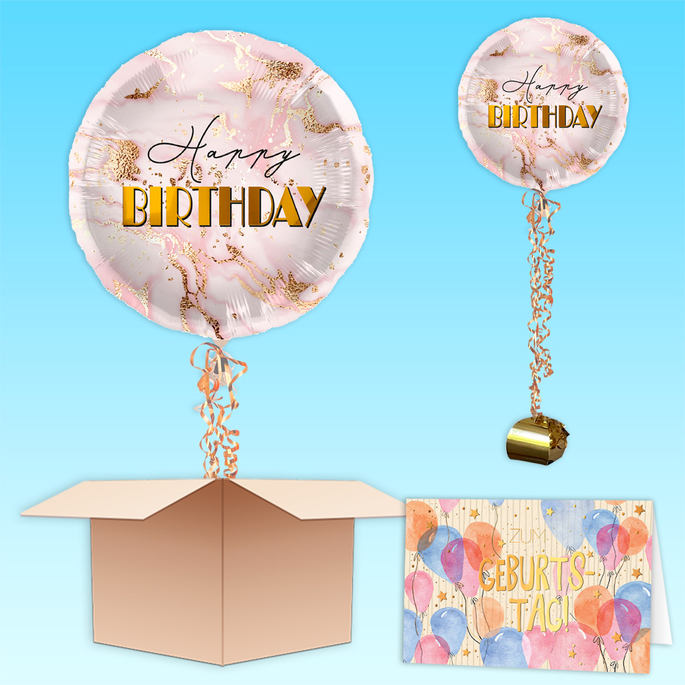 Ballongruß "Happy Birthday" Marmor-Design, Folienballon im Karton
