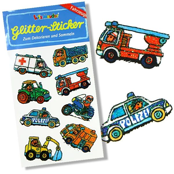 Glitzersticker Fahrzeuge, 1 Karte, Traktor, Krankenwagen, Feuerwehr...
