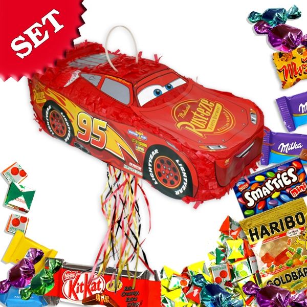 Cars Pinata-Set mit Süßem, Lightning McQueen Zugpinata +Süßigkeiten