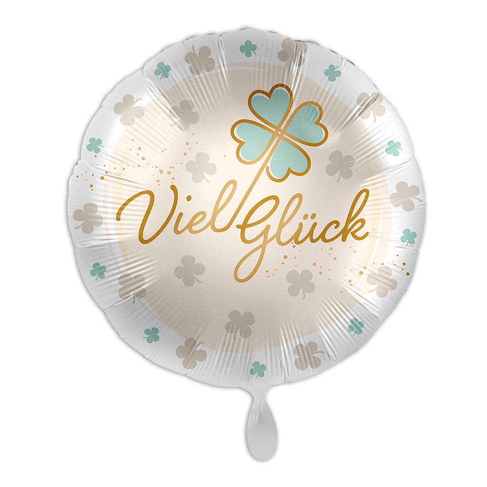 Ballongruß "Viel Glück" mit Kleeblatt, rund silber-gold Ø35cm