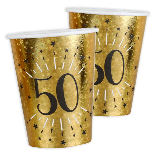 Pappbecher "50" in Gold, holografisch glitzernd, 10er Pack, 270ml