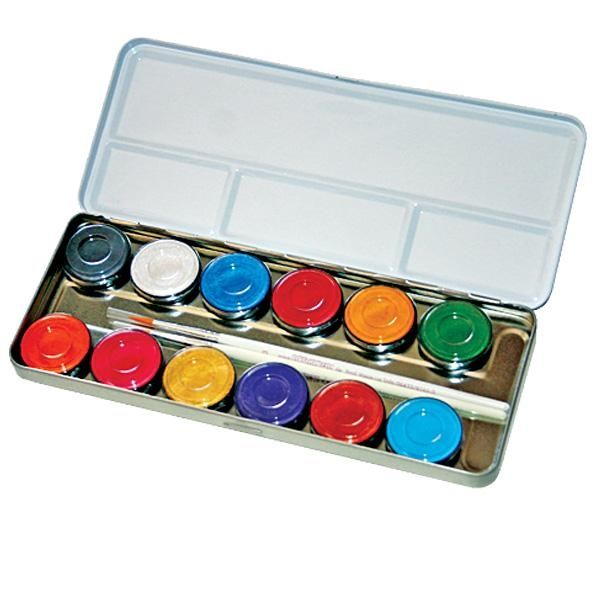 Kinder Make Up Box mit 12 Perlglanz-Farben, Schminkpalette im Metalletui, nachfüllbar, inkl. Profi-Pinsel