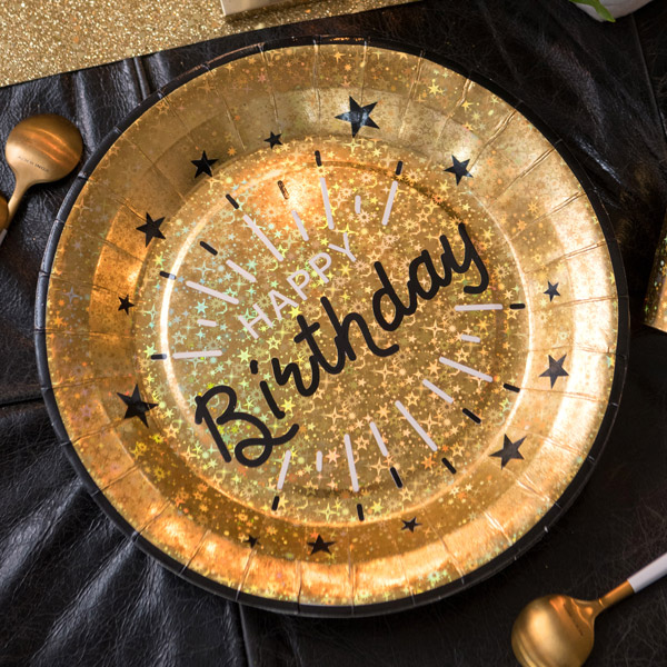 Basicset "Happy Birthday" in schwarz-gold glitzernd, 42-teilig für 10 Gäste