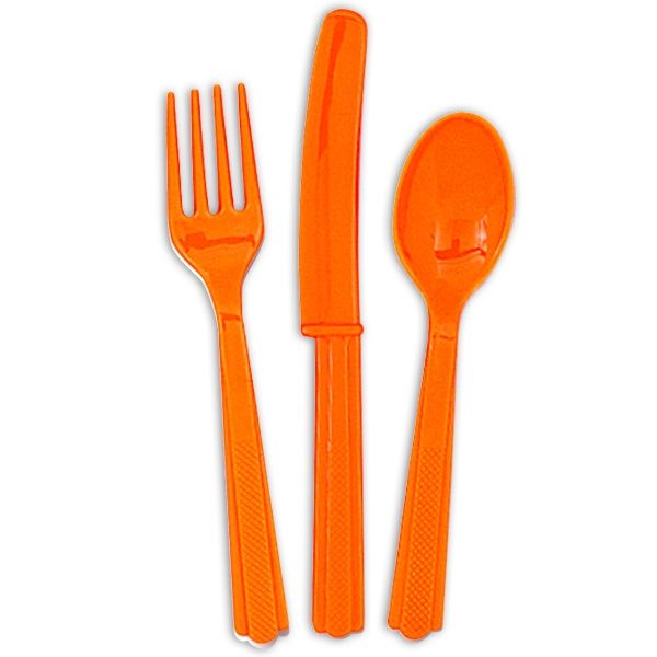 Plastikbesteck orange, je 6 Messer, Gabel, Löffel, Einwegbesteck 18tlg.