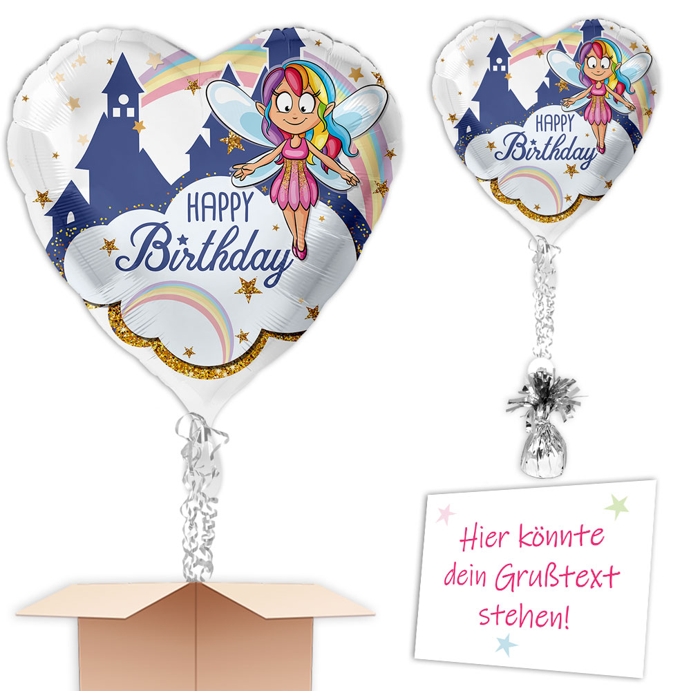 Glitzer-Fee "Happy Birthday" mit Ballongas, Bänder, Gewicht