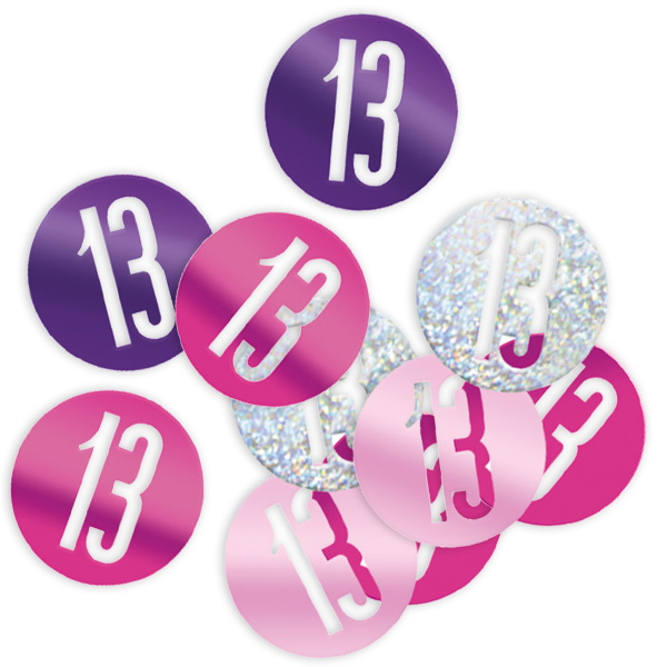 Happy Birthday - Glitzerkonfetti, Zahl 13, pink und silbern