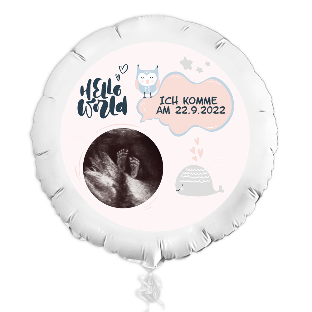 Geschenkballon Hello World mit Foto und Text, zur Ankündigung der Schwangerschaft