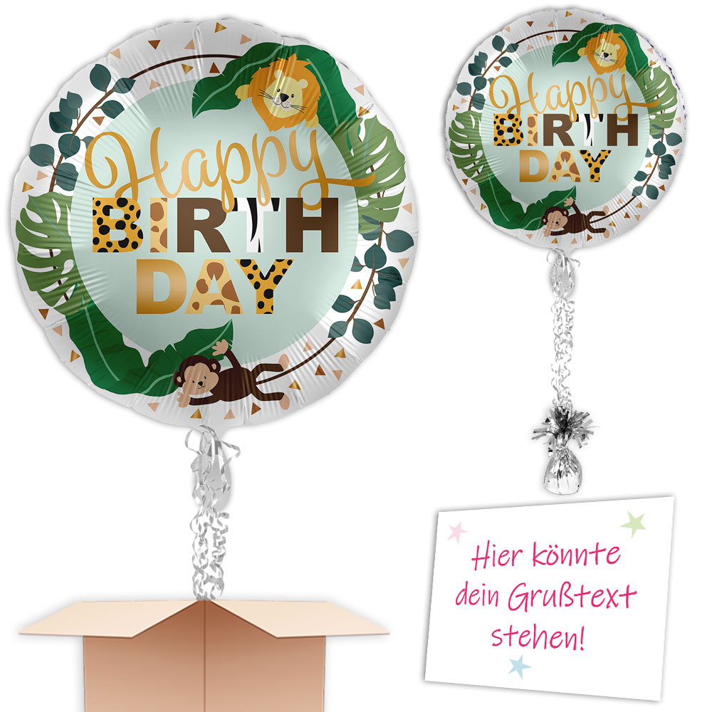 Heliumballon Schungel Happy Birthday mit Gas, Gewicht u. Bänder