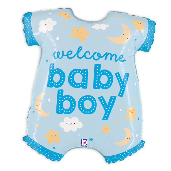 Strampler Folienballon, Welcome Baby Boy in blau, 58cm x 50cm