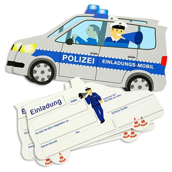 Polizei Einladungskarten, 6er Pack Einladungen als Polizeiauto, 18x10cm