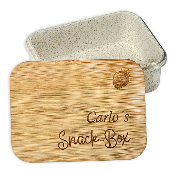 Personalisierte Snackbox aus Kunststoff mit Bambusdeckel, mit Namen und Lieblingsfrucht
