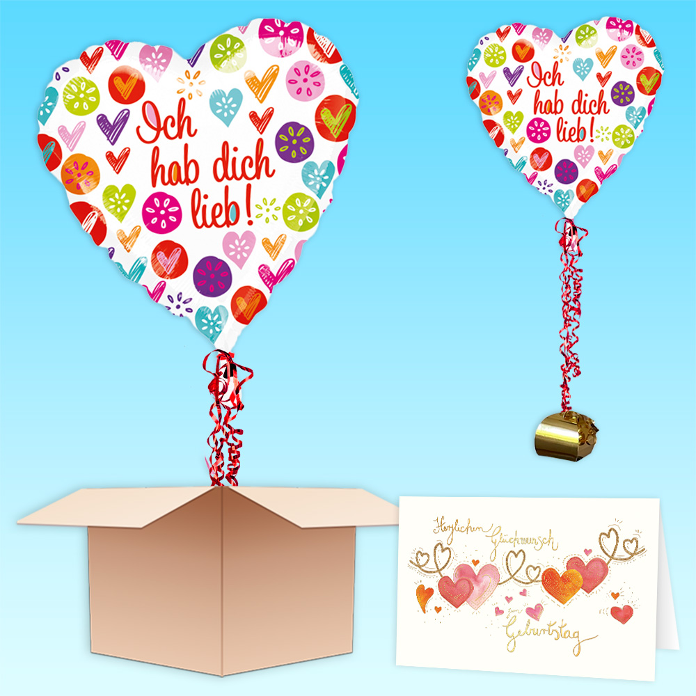 Ballongruß "Ich hab dich lieb!", Folienballon im Karton