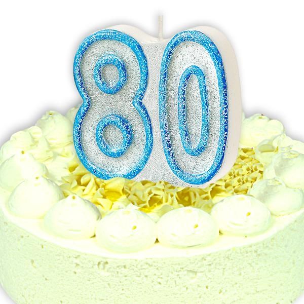 Geburtstagskerze Zahl 80, in schimmerndem Blau für Mann