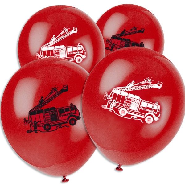 Feuerwehr Luftballons 8 Stk., 35 cm, Latexballons mit Feuerwehrauto