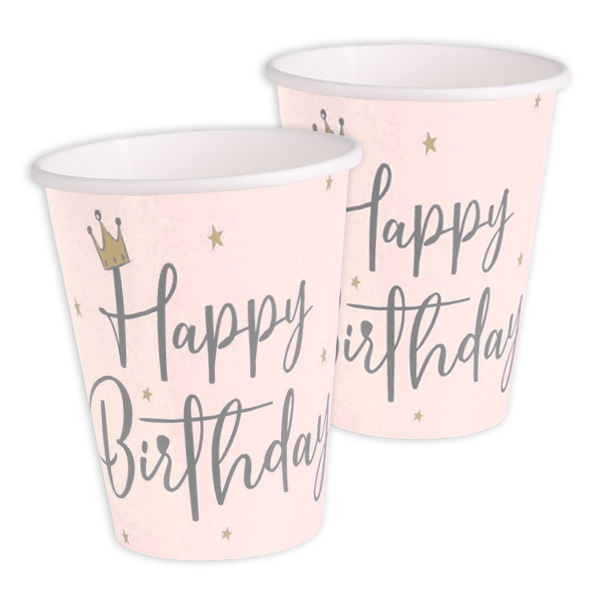 Partybecher "Happy Birthday" in rosa mit Sternchen, 8 Stk., 270ml