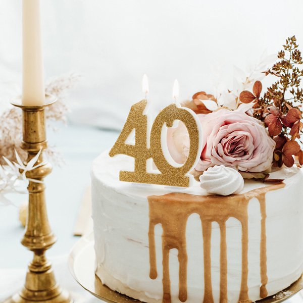 Tortenkerze zum 40. Geburtstag, golden glitzernd, 7,5cm x 8cm