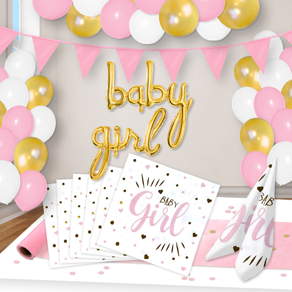 Baby Girl Raum+Tischdeko Spar Set bis 16 Gäste, Goldherzchen, 54-teilig
