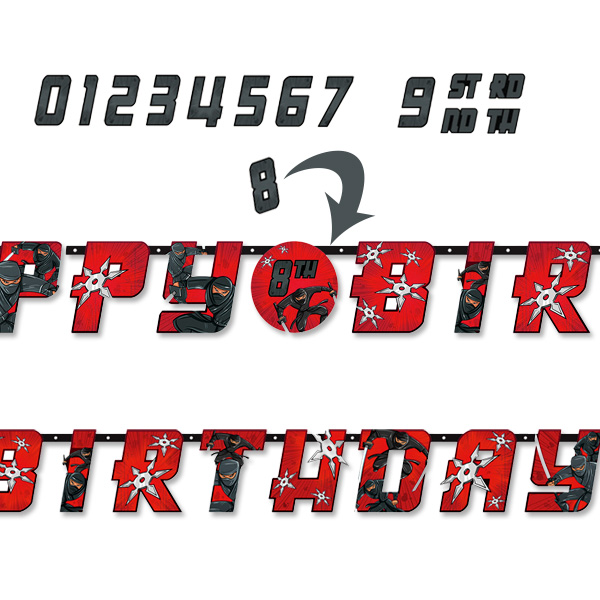 Ninja Buchstabenkette, 320 × 25cm, Happy Birthday mit Zahlen-Stickern