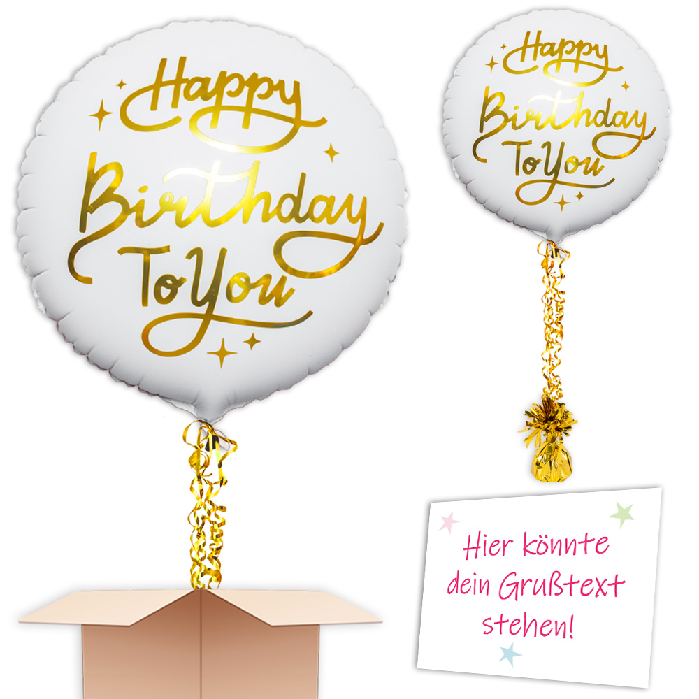 Inkl. Helium, Bänder, Ballongewicht "Happy Birthday to You" in Weiß-Gold