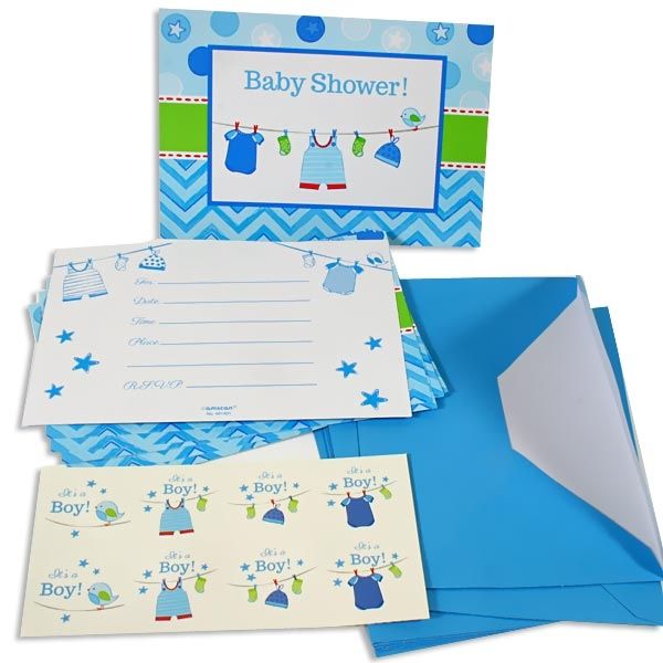 It`s a boy - Einladungskarten plus Umschläge u. Sticker, blau, Babyparty