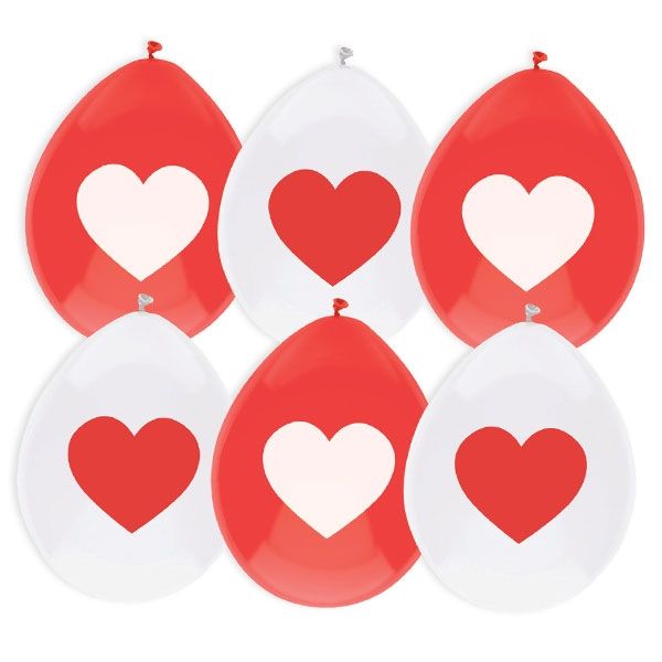Luftballons in rot und weiß mit Herzsymbol, 6 Stück