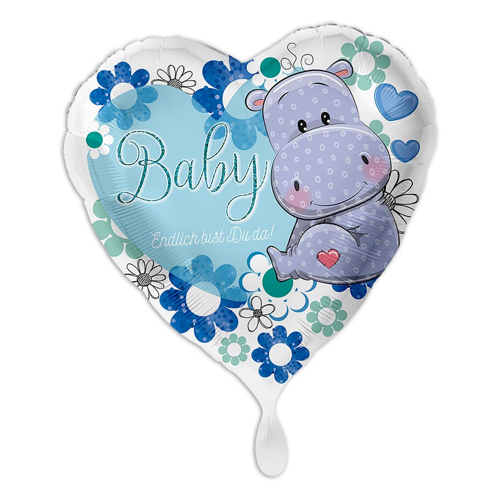 "Endlich bist du da", Motiv Baby Boy Nilpferd, Folienballon