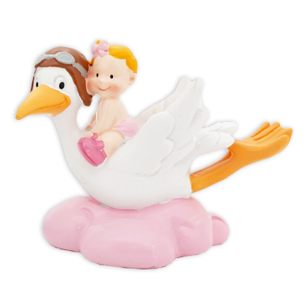 Figur "Storchenpilot mit Baby" in rosa, Polyresin, 10cm x 9cm